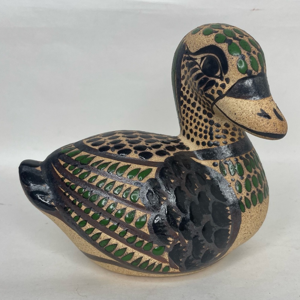 Mexican Tonala Pottery Hand Painted Duck Mexico Vintage Signed